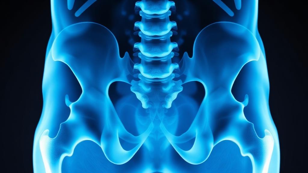 Radiografia da pelve e coluna lombar mostrando alinhamento do quadril para planejamento cirúrgico