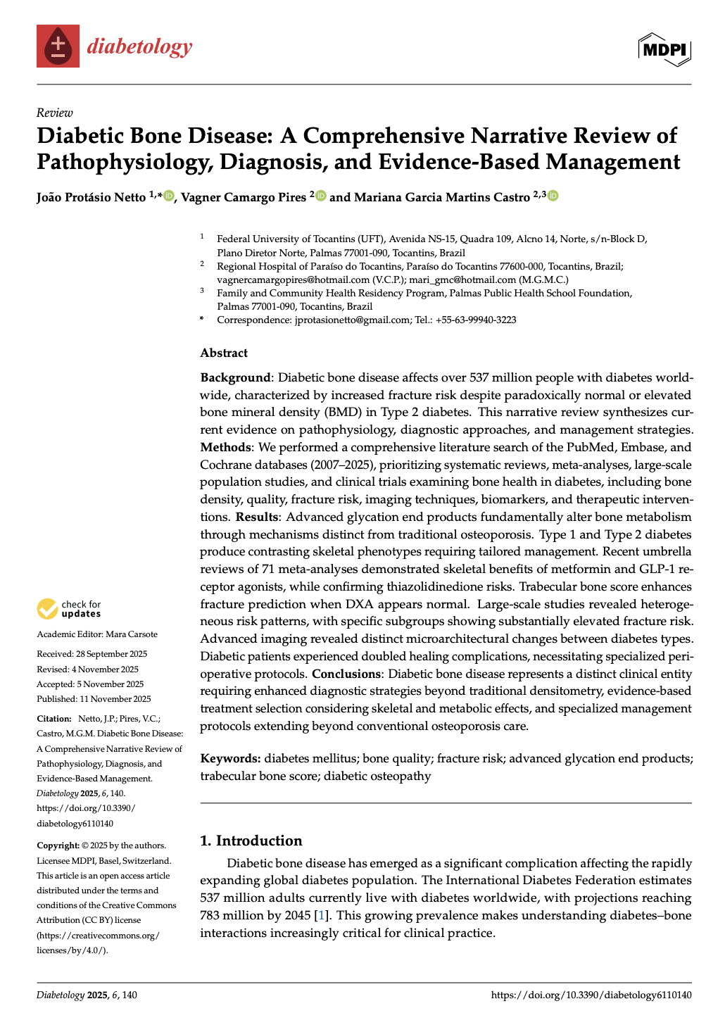 Primeira página do artigo sobre Doença Óssea Diabética publicado na MDPI Diabetology