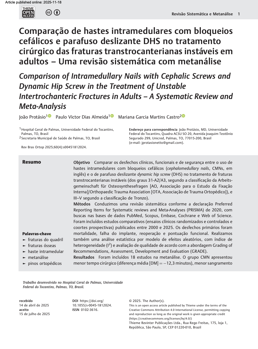 Primeira página do artigo sobre Hastes Intramedulares vs DHS publicado na Revista Brasileira de Ortopedia
