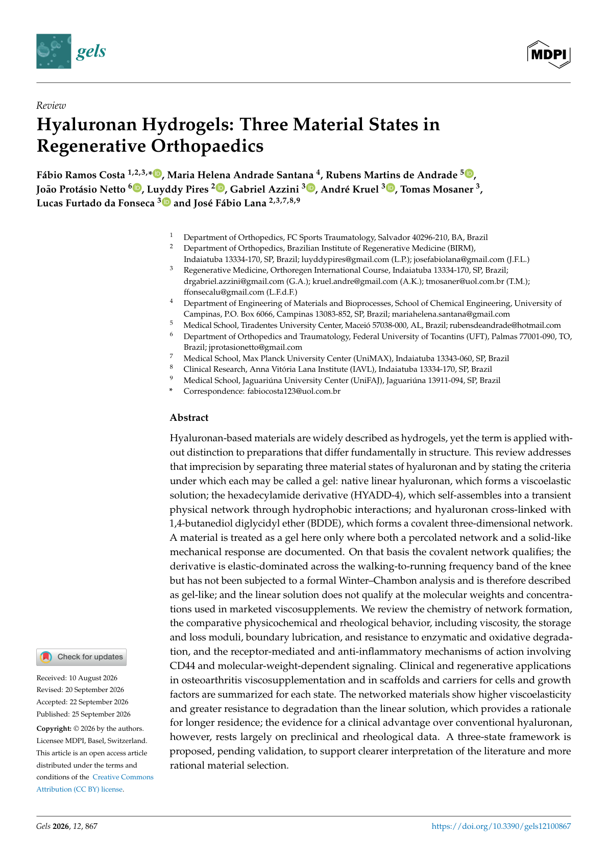 Capa do artigo Hyaluronan Hydrogels: Three Material States in Regenerative Orthopaedics, revista Gels 2026, com coautoria do Dr. João Protásio Netto
