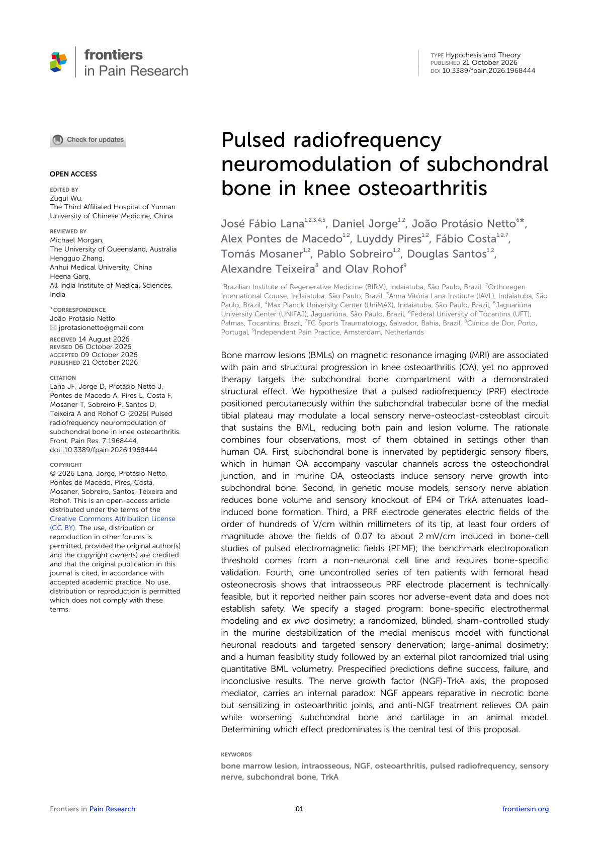 Capa do artigo Pulsed radiofrequency neuromodulation of subchondral bone in knee osteoarthritis, Frontiers in Pain Research 2026, com autoria do Dr. João Protásio Netto
