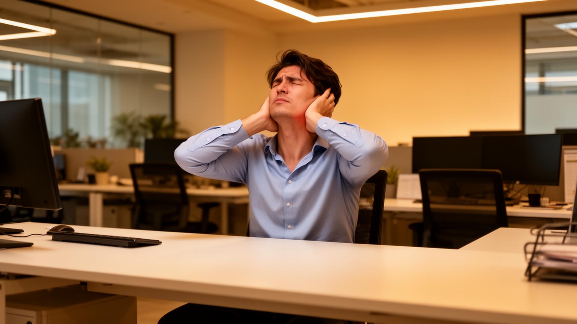 Pessoa sentindo dor no pescoço causada por estresse no ambiente de trabalho