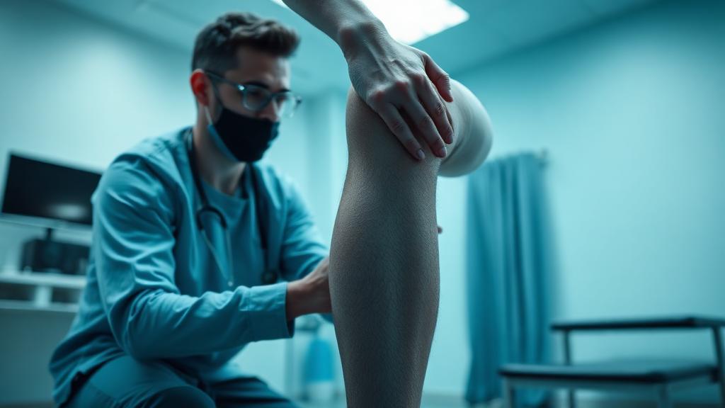 Médico examinando joelho de paciente atleta em clínica de medicina esportiva